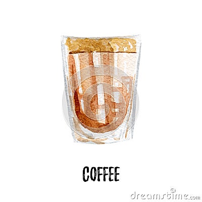 Coffee illustration. Hand drawn watercolor on white background. Cartoon Illustration