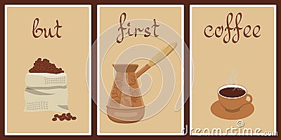 Coffee items - bag with coffee, cezve, grains, cup Vector Illustration