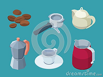 Coffee items. Barista professional equipment coffee machine hot drinks cups espresso black natural beans garish vector Vector Illustration