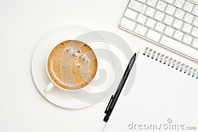 Coffee, keyboard, Pencil, Notepad. Stock Photo