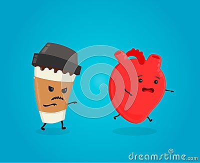 Coffee kill heart. caffeine danger concept. caffeine kills. Vector flat cartoon character Vector Illustration