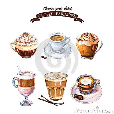 Coffee kitchen print. Coffee Poster. Espresso, latte and macchiato and mocha. Cartoon Illustration