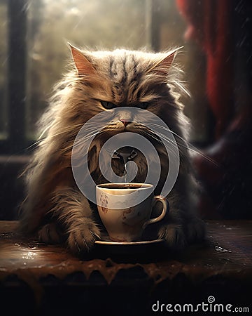 Coffee Kitty Cat Kitten Sitting Table Cup Angry Hot Grumpy Old P Stock Photo
