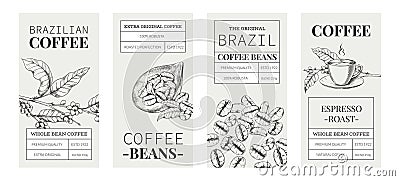 Coffee label. Arabica drink badge with hand drawn graphic of plant and beans. Pour over brewer and French press Vector Illustration