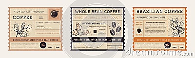 Coffee label. Bean package emblem design, vintage food sticker for cafe or premium quality product, retro plant and Vector Illustration