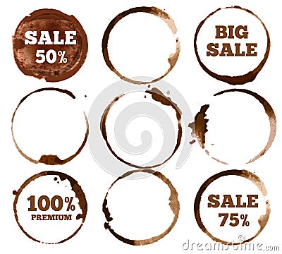 Coffee labels. Watercolor dirty ring stain logo. Vector illustration set Vector Illustration