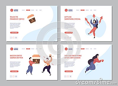 Coffee landing. Natural caffeine stimulation for people hot coffee and tea drinks web design pages template with place Vector Illustration