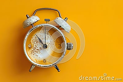 coffee latte alarm clock on a yellow background Stock Photo