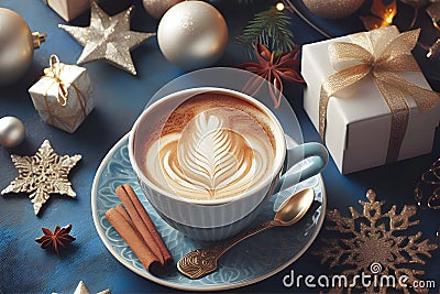 Coffee with latte art on a festive blue and gold Christmas table, capturing holiday warmth. Stock Photo