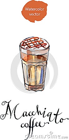 Coffee Latte Macchiato with caramel in a tall glass Vector Illustration