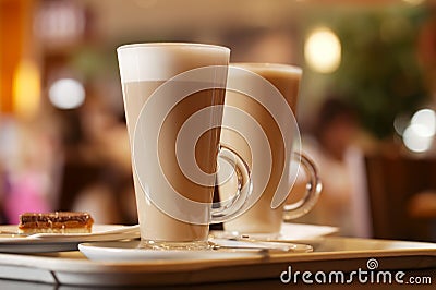 Coffee latte in two tall glasses inside cafe Stock Photo