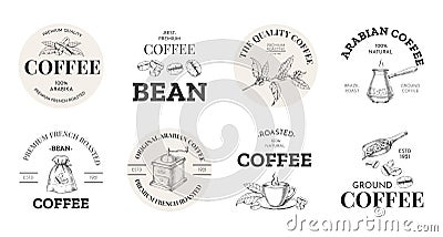 Coffee logo. Vintage premium arabica label with hand drawn beans sack and mug for cafe and coffeeshop. Espresso menu Vector Illustration