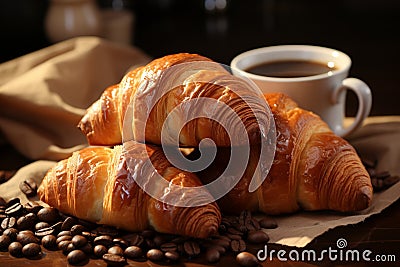 Coffee lovers dream croissants, coffee, and beans on craft paper Stock Photo