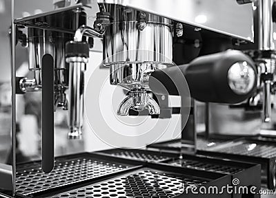 Coffee machine making espresso Cafe restaurant Black and white Stock Photo