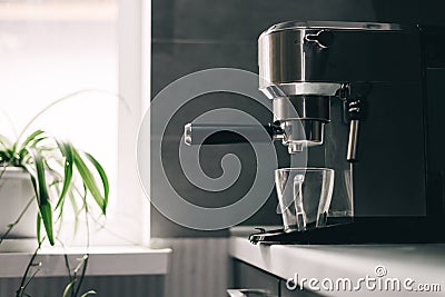 Coffee machine with portafilter for making homemade aromatic coffee Stock Photo