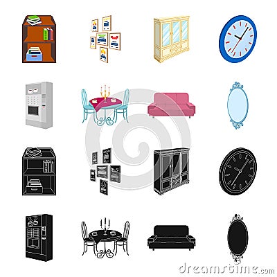 Coffee maker, served table in the restaurant and other web icon in black,cartoon style isometric.Soft comfortable sofa Vector Illustration
