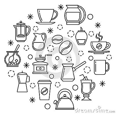 Coffee making tools in circle composition. Line icons Vector Illustration