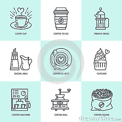 Coffee making, brewing equipment vector line icons. Elements - coffeemaker, french press, grinder, espresso, cup, beans Vector Illustration