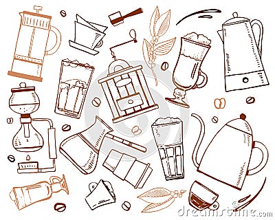 Coffee making utensils and drinks. Percolator, syphon, pour-over, cezve, french press. Hand drawn outline sketch illustration Vector Illustration