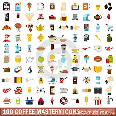 100 coffee mastery icons set, flat style Vector Illustration