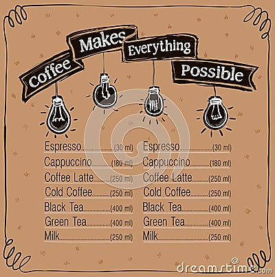 Coffee menu board, coffee makes everything possible banner design for coffee shop Vector Illustration