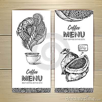 Coffee menu design. Decorative sketch of cup of coffee or tea Vector Illustration