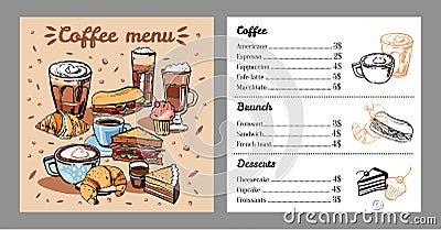 Coffee menu design template with list of coffee drinks, food and desserts. Cover with colorful mugs, sandwiches and cakes Vector Illustration