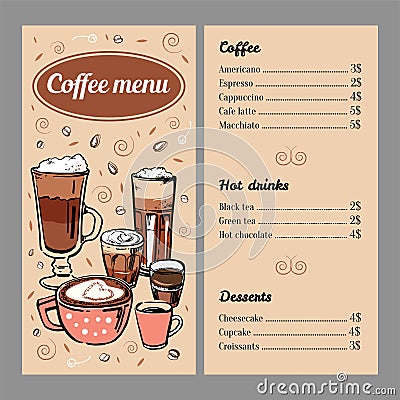 Coffee menu design template with list of hot drinks and desserts. Vector outline colorful hand drawn illustration Vector Illustration
