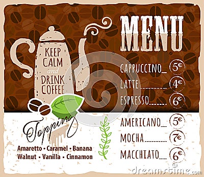 Coffee menu design in vintage style for cafe Vector Illustration