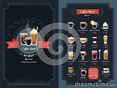 Coffee menu with different types. Cappuccino, macchiato, latte and others Vector Illustration