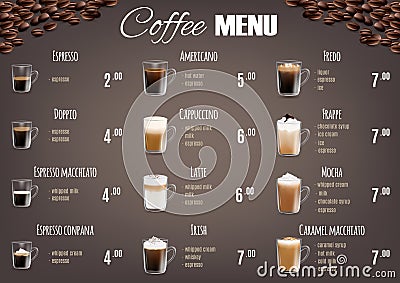 Coffee drinks menu price list vector template Vector Illustration