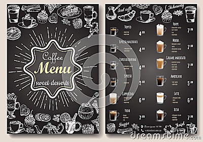Coffee menu vector template. Front and back sides A4 paper format coffee menu price list on chalkboard. Stock Photo