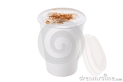 Coffee with milk or cappuccino with cinnamon in a plastic cup take away isolated on white background Stock Photo