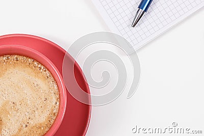 Coffee with milk and notepad for writing notes. Work or relaxation. White background. Place for text Stock Photo