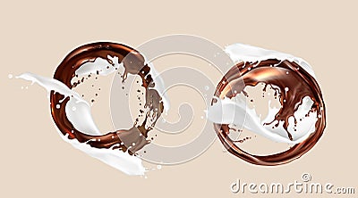 Coffee and milk splashes, chocolate and dairy mix Vector Illustration