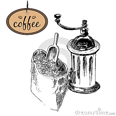 Coffee mill and bag Vector Illustration
