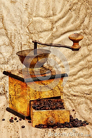 Coffee mill and beans in grunge style Stock Photo