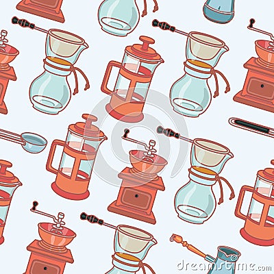 Coffee mill, geyser coffee maker and cup, vector seamless pattern Vector Illustration