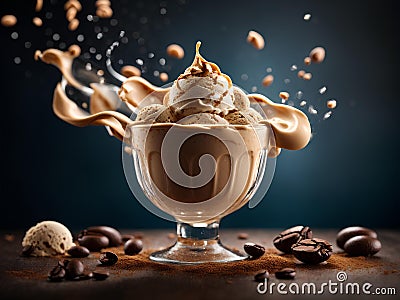 Coffee mocha ice cream gelato, floating, delicious and refreshing treat, cinematic advertising photography Stock Photo