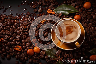 Coffee mug with a background of beans of different coffees of the world Stock Photo