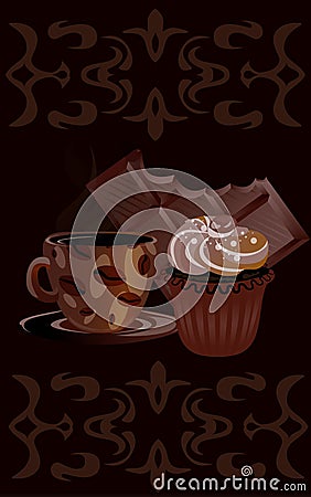 Coffee mug with chocolate and cake Vector Illustration