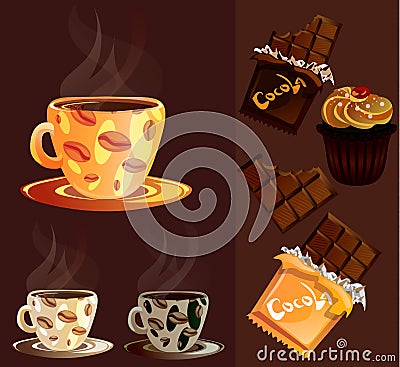 Coffee mug with chocolate and cake Vector Illustration