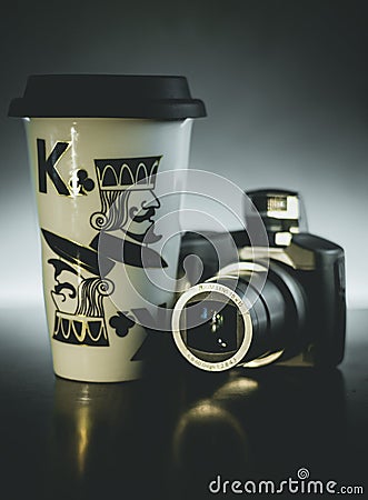 Coffee Mug Digital Camera Light Dark Background Stock Photo