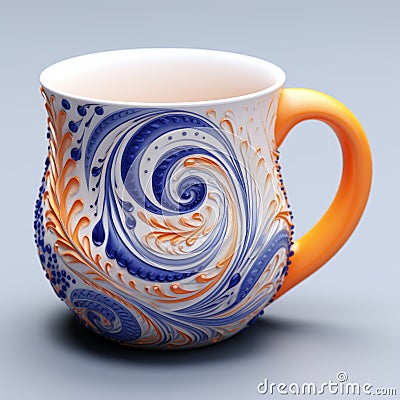 Hyper-realistic Blue And Orange Coffee Mug With Swirls Stock Photo