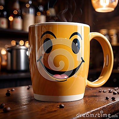 Coffee mug with smiley face, start the day with cheer and happiness Stock Photo