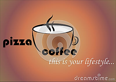 A coffee mug with the words pizza and coffee. Advertising logo for a coffee house and pizzeria. Cartoon Illustration