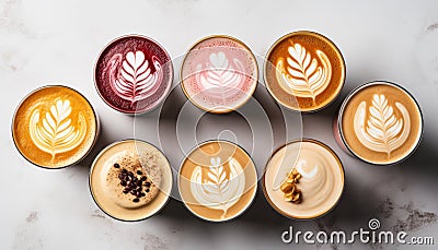 Coffee mugs collection with overhead view on white stone table, delightful arrangement Stock Photo