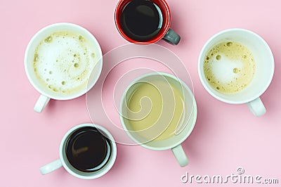 Coffee Multiple Assorted Types of Coffee in Mugs Trandy Cofee Concept Pink Background Espresso Capuccino Coffee with Milk Stock Photo