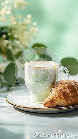 coffee near pistachio cream croissant, life style Authentic living Stock Photo