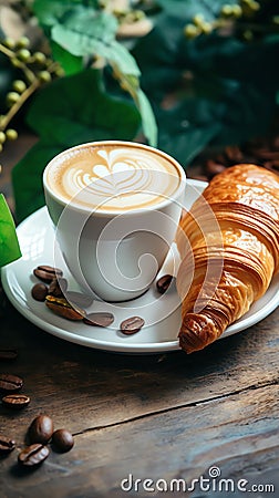 coffee near pistachio cream croissant, life style Authentic living Stock Photo